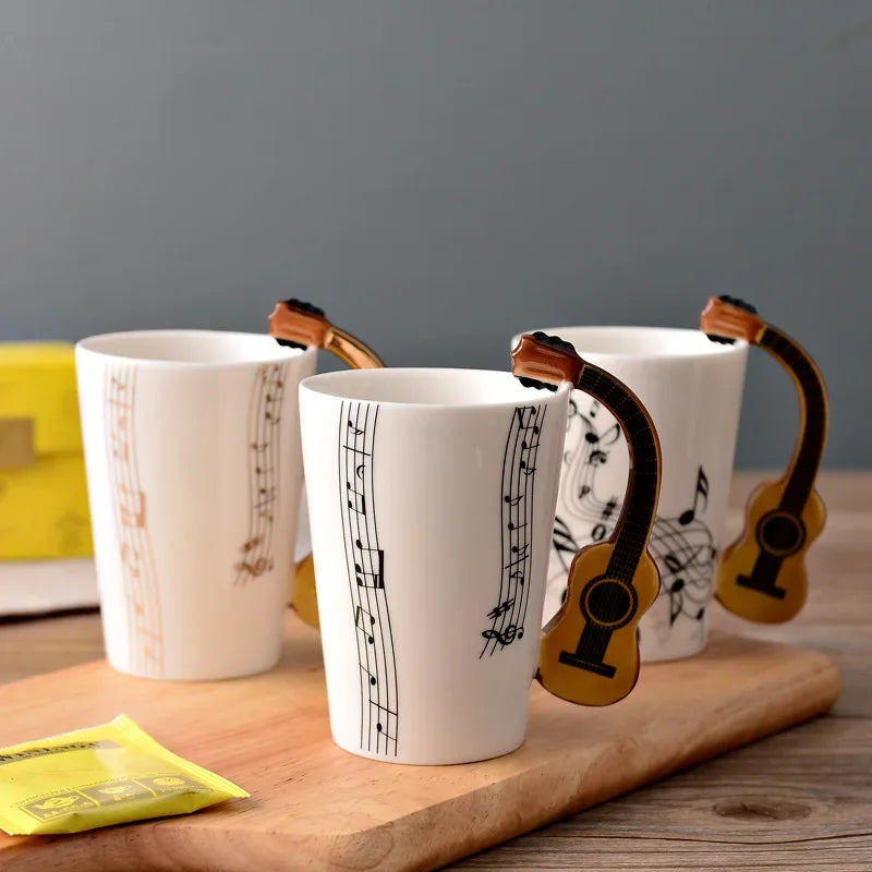 Bone China Mug With Music Note Motif And Delicate Guitar Handle — White | KIMLUD