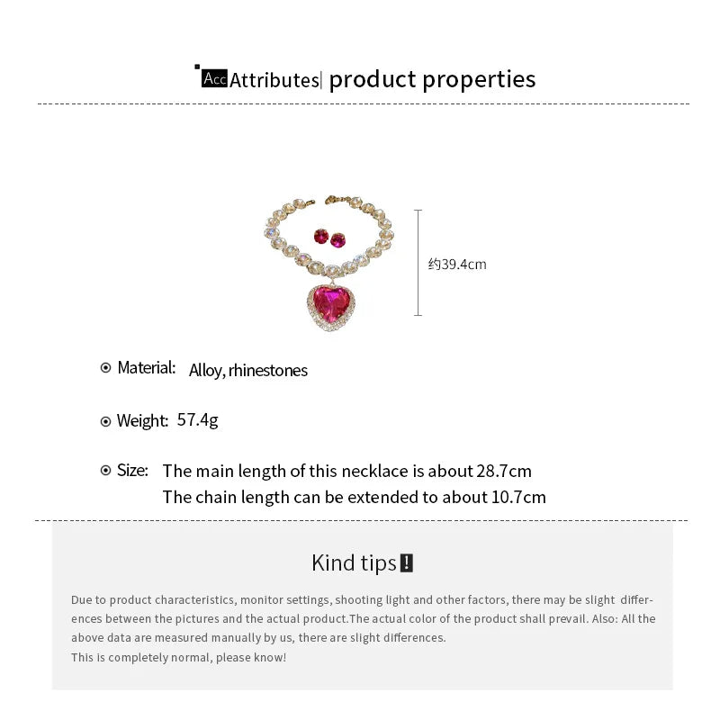 2 Pcs Rhinestone Heart Pendant Necklace Set Exaggerated Geometric Earring Light Luxury Temperament Fashion Women's Jewelry Sets