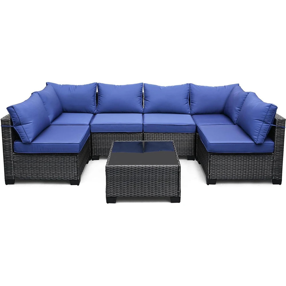 7-Piece PE Rattan Sectional Patio Set, Wicker Outdoor Sofa With Cushions & Glass Coffee Table, Conversation Furniture For Garden