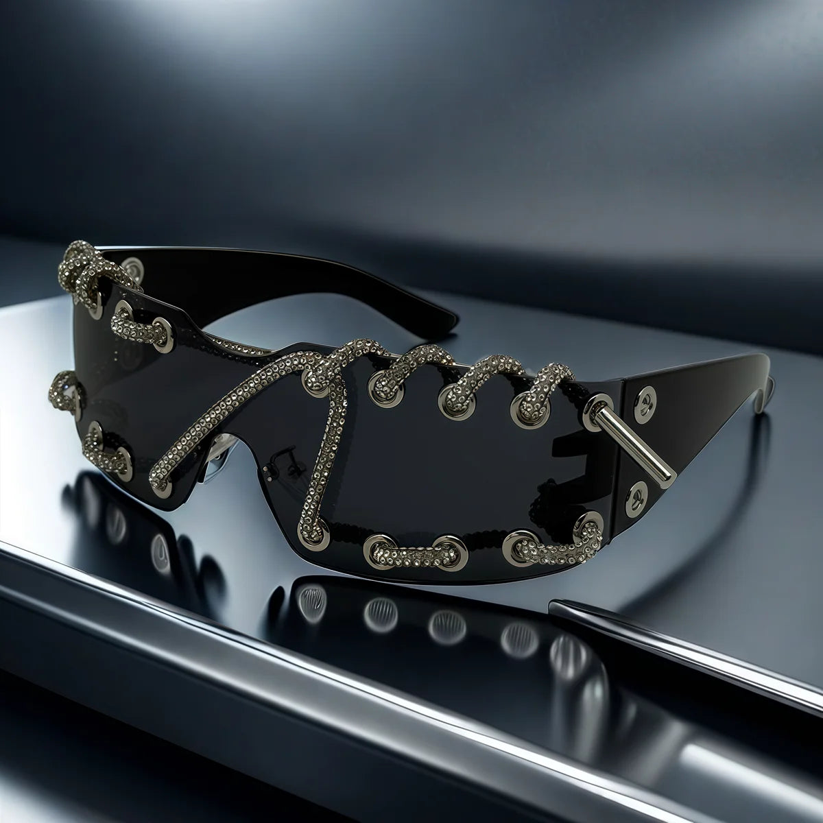 Frameless Crystal Chain Y2K Punk Sunglasses — Black | KIMLUD
