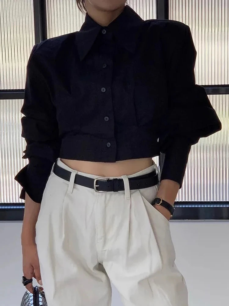 Cropped Cotton Shirt With Back Lace-Up Design And Hollow Out Detailing — White | KIMLUD