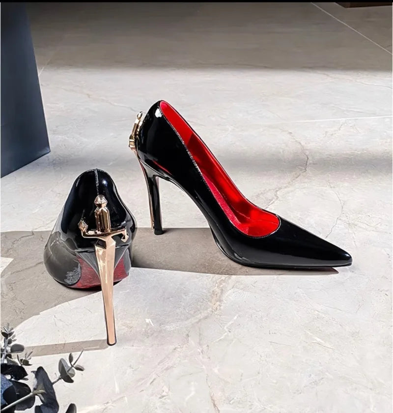 Patent PU Scepter High Heels Pointed Toe With Gold-Tone Stiletto — Black | KIMLUD
