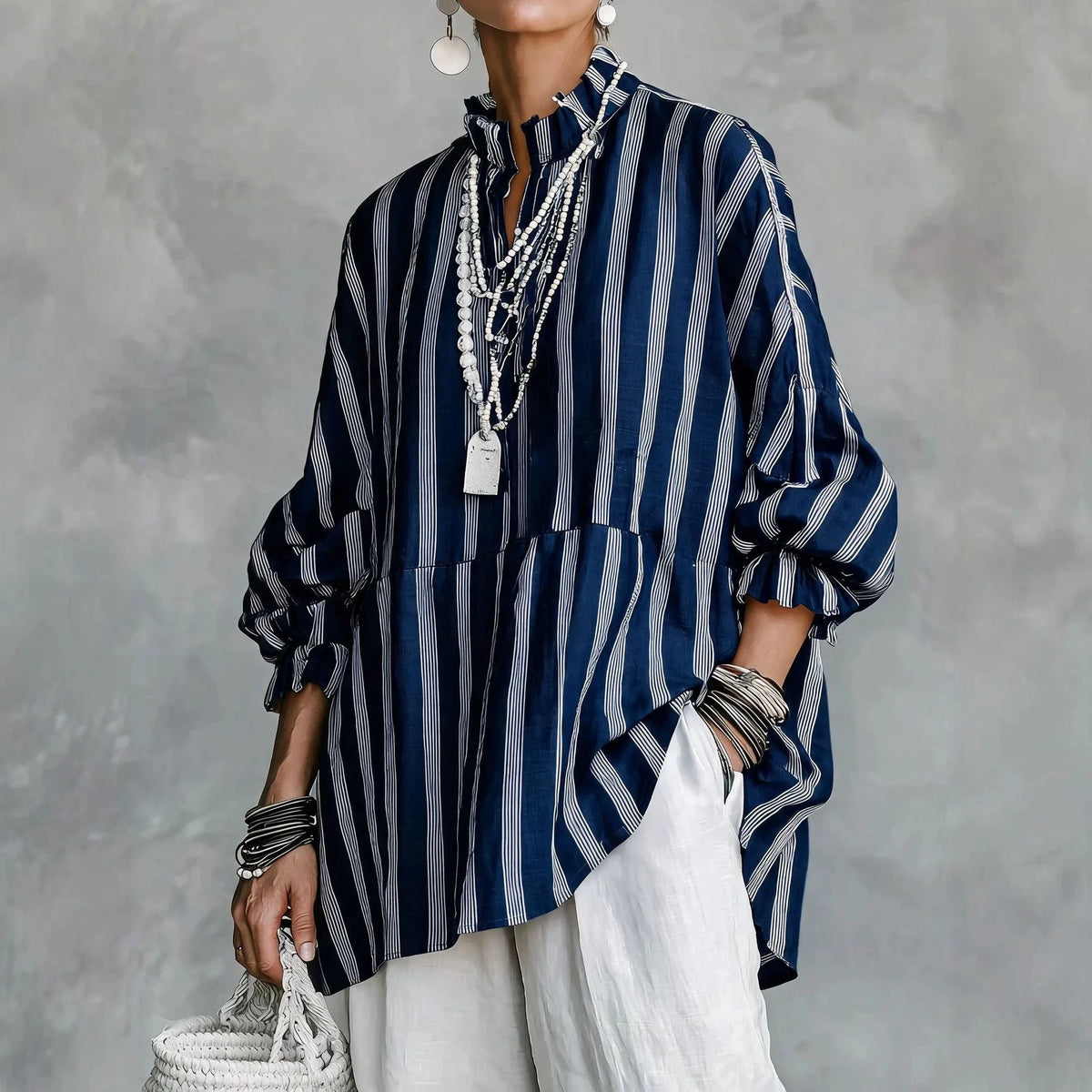 Blouse – Stripes Print – Loose Silhouette – Autumn Casual | KIMLUD