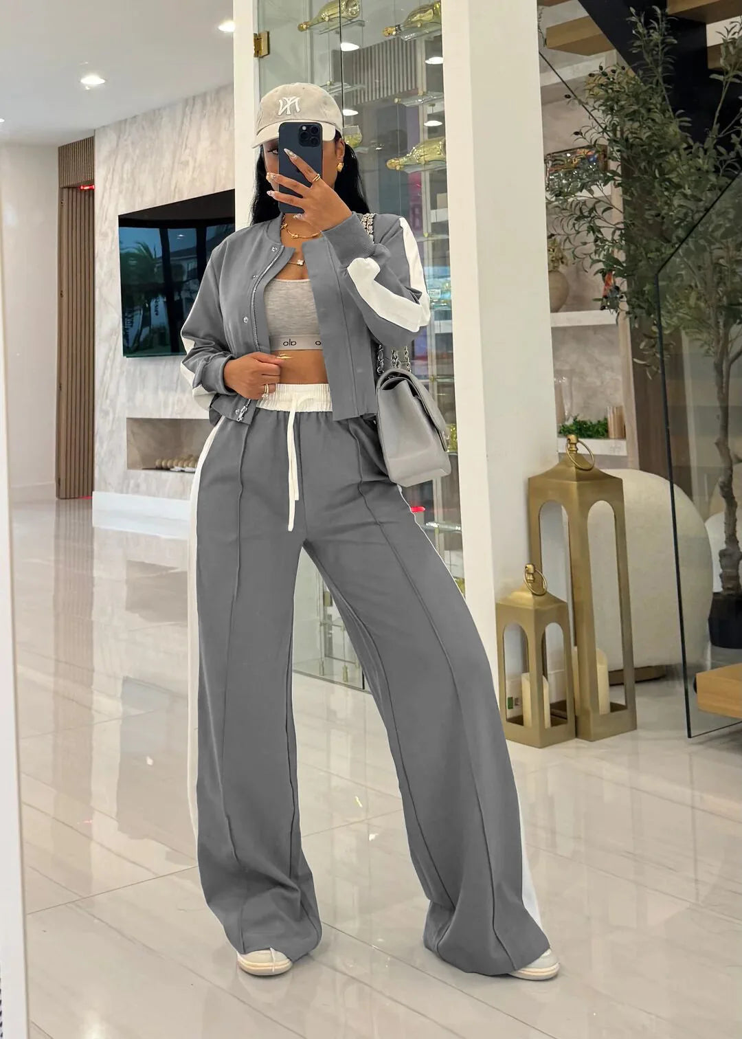 Two-Piece Polyester Spandex Set Crop Top And Long Pants — White | KIMLUD