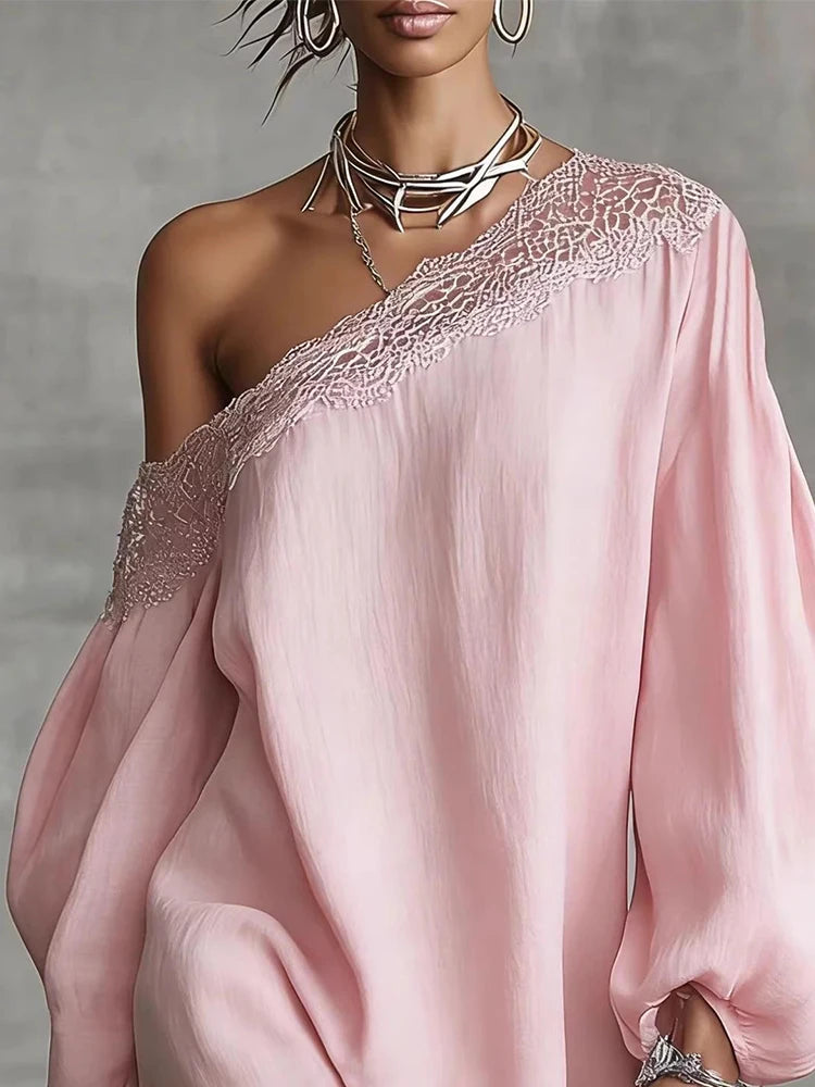 Polyester Lace Trim Off-Shoulder Mini Dress — Ivory | KIMLUD