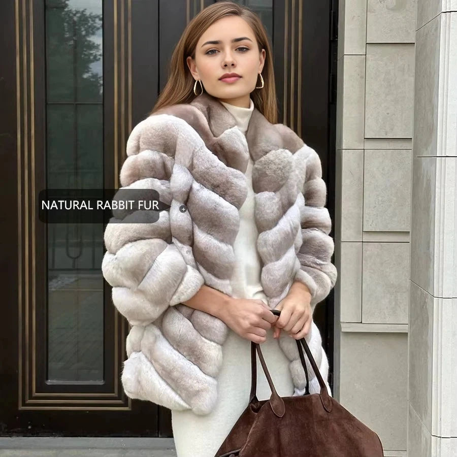 Natural Rabbit Fur Coat Women Chinchilla Colored Real Fur Coat Women Furry Jacket Women New Arrivals Hot Selling