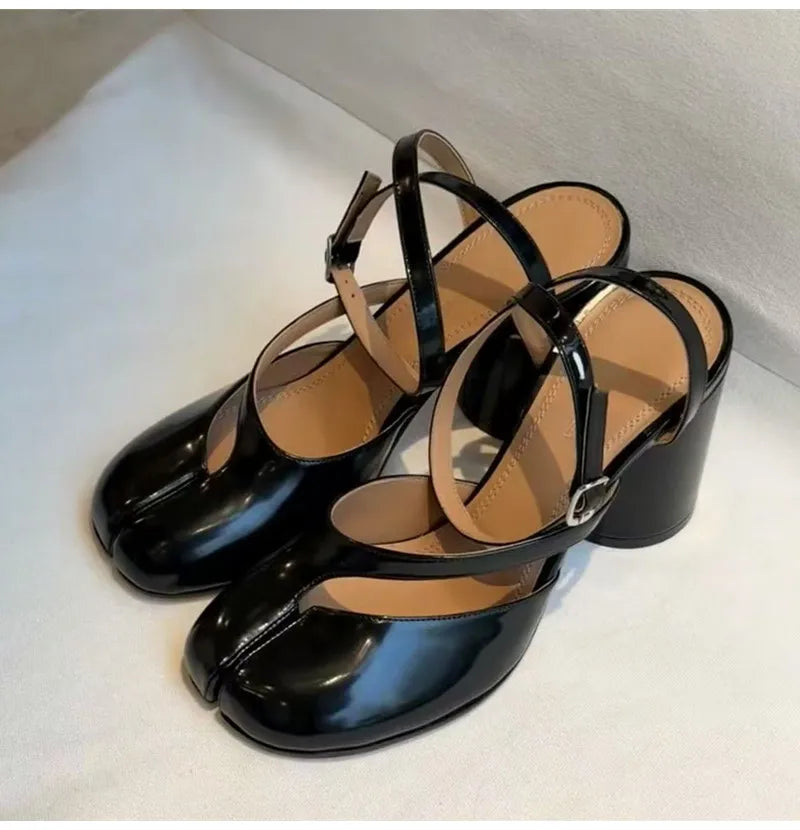 Ins style Fashion Patent Leather Split Toe Women Pumps Spring Summer Thick High heels Slingbacks Female Tabi Chunky Casual Shoes