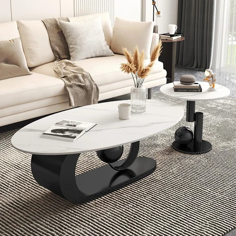 Wrought Iron Oval Coffee Table Marble-Top Italian Rock Plate European Design — Ivory | KIMLUD