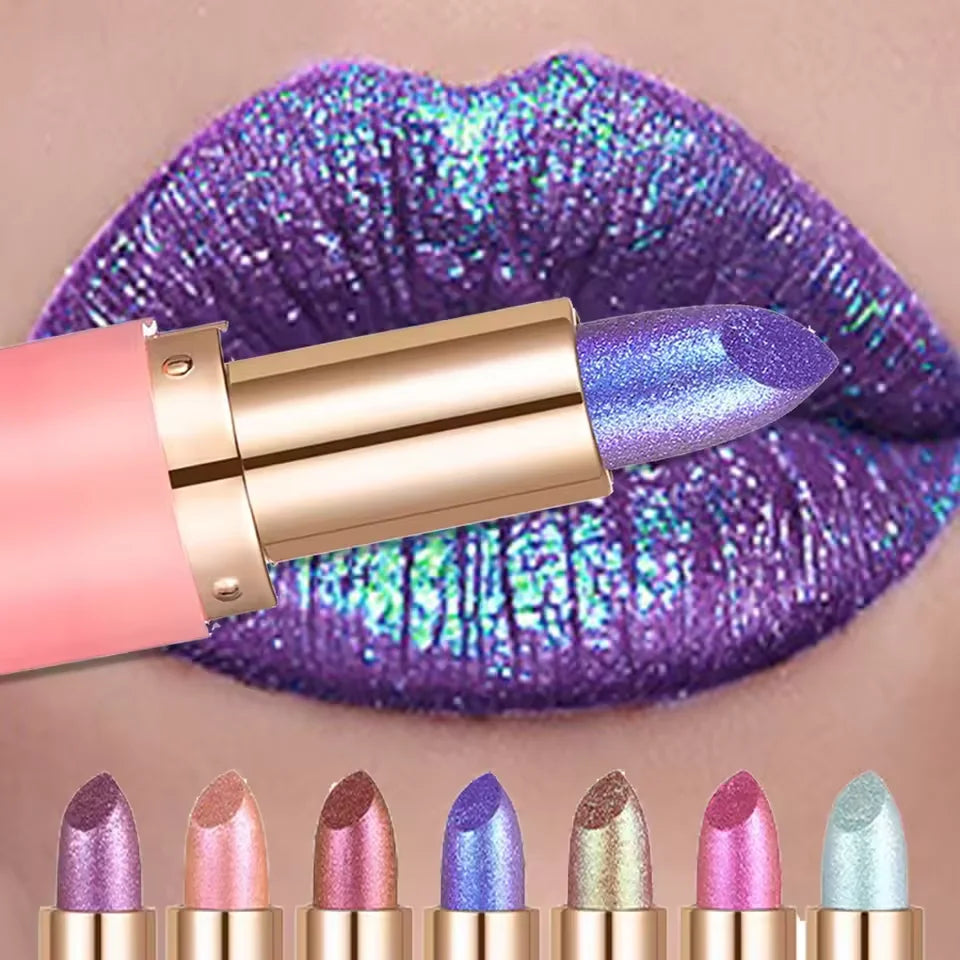 Metallic Violet Chameleon Lipstick Color Changing Matte Glitter Diamond Lipstick Waterproof Pearl Shine Lip Gloss Sexy Makeup