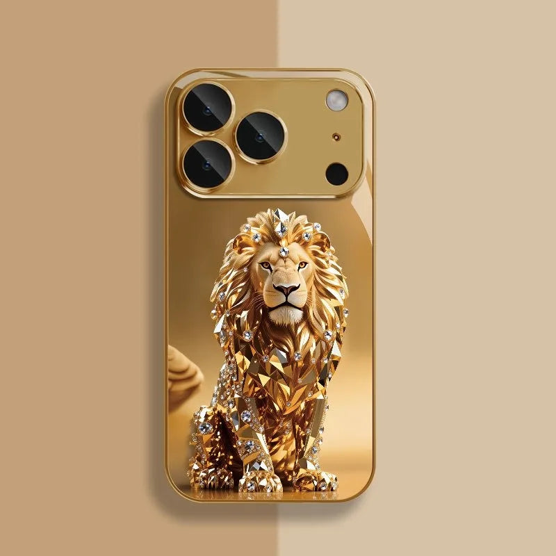 Phone Case – Gold Lion Pattern – Tempered Glass – Gold | KIMLUD