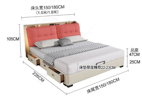 Pure White Nordic Style Oak Panel Queen Bed Frame Steel Frame Cama Modern Bed Queen Size Bed