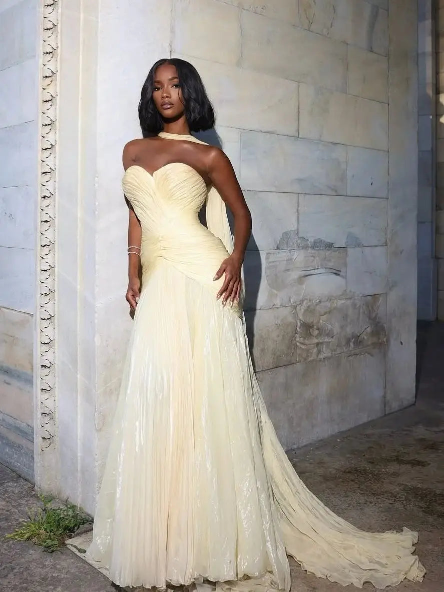 Mermaid Evening Dress – Pleated – Chiffon – Yellow | KIMLUD