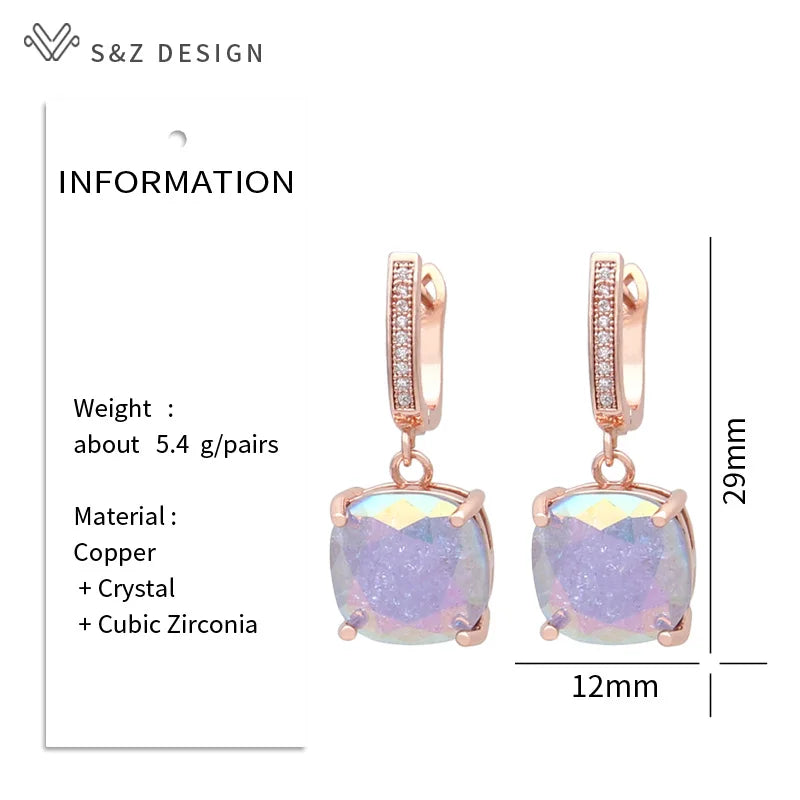 S&Z DESIGN New Fashion Cubic Zirconia Ice Crack Square Crystal Dangle Earrings For Women Jewelry 585 Rose Gold Color Eardrop