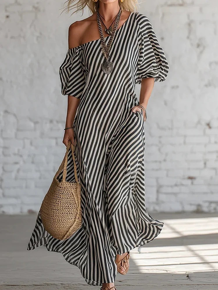 Polyester Patchwork Striped Maxi Dress — Black | KIMLUD