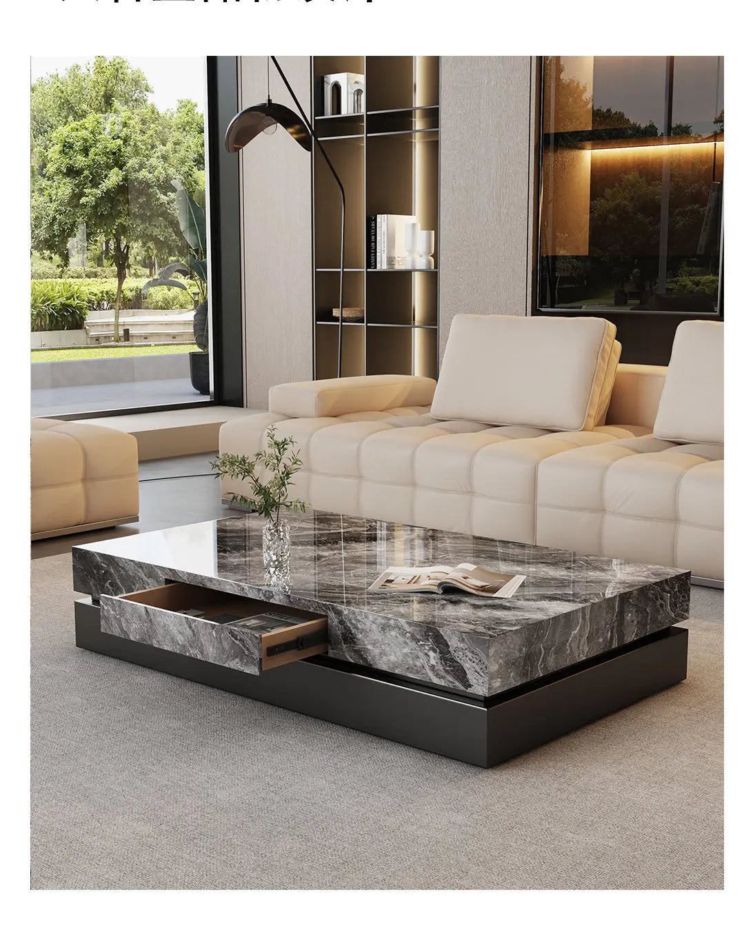 Italian Minimalist Coffee Table Rock Slab Countertop — Charcoal Gray | KIMLUD