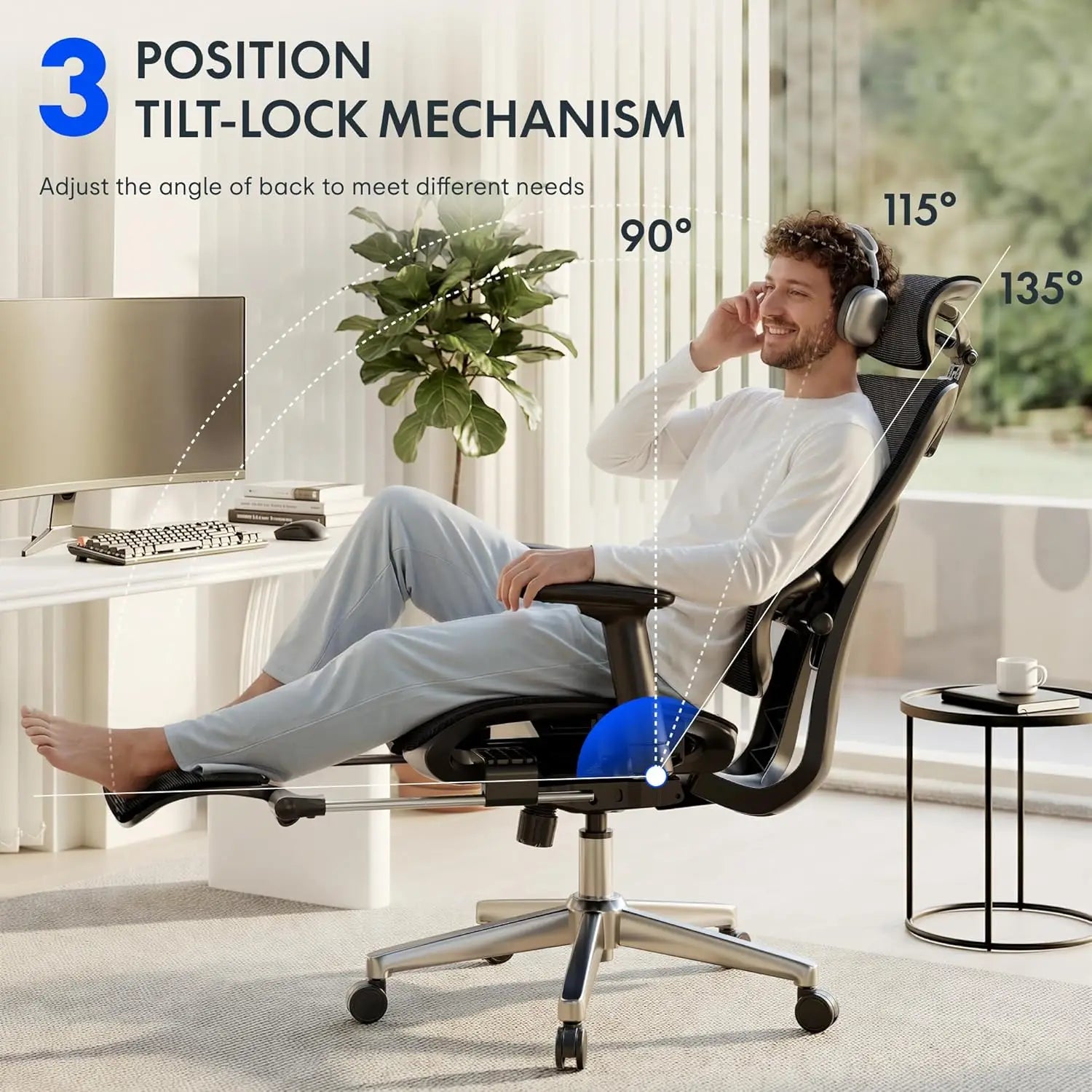 Mesh Ergonomic Office Chair With Footrest And 3D Armrests — Black | KIMLUD