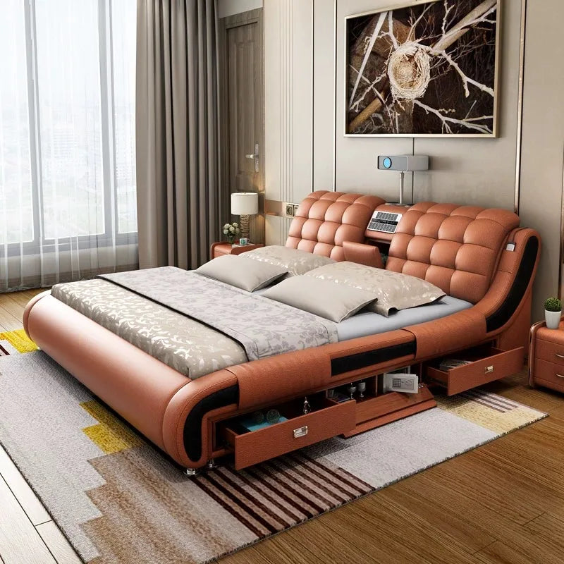 Genuine Leather Upholstered Electric Massage Bed King Size With Storage And Gas Lift — Custom Color | KIMLUD