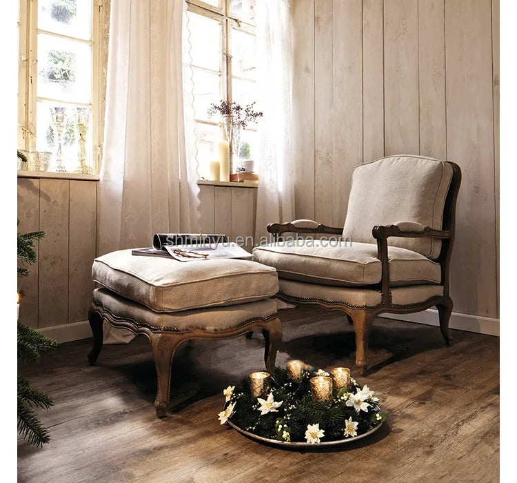 French farmhouse antique wooden armchair lounge living room furniture with stool accent chair