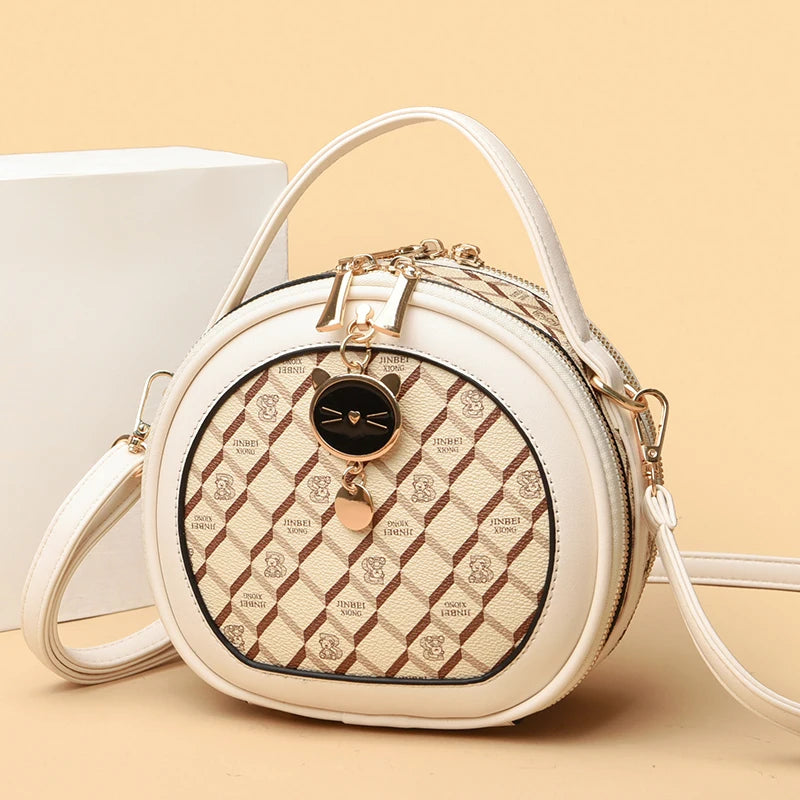 PU Leather Circular Crossbody Bag Sequined Letter — Off-White | KIMLUD