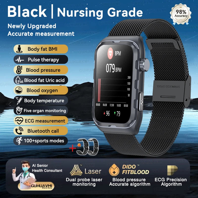 2025 New Nursing Grade ECG+PPG Pulse therapy Smartwatch Men Blood lipid Uric acid Bluetooth call Health Bracelet For Android iOS