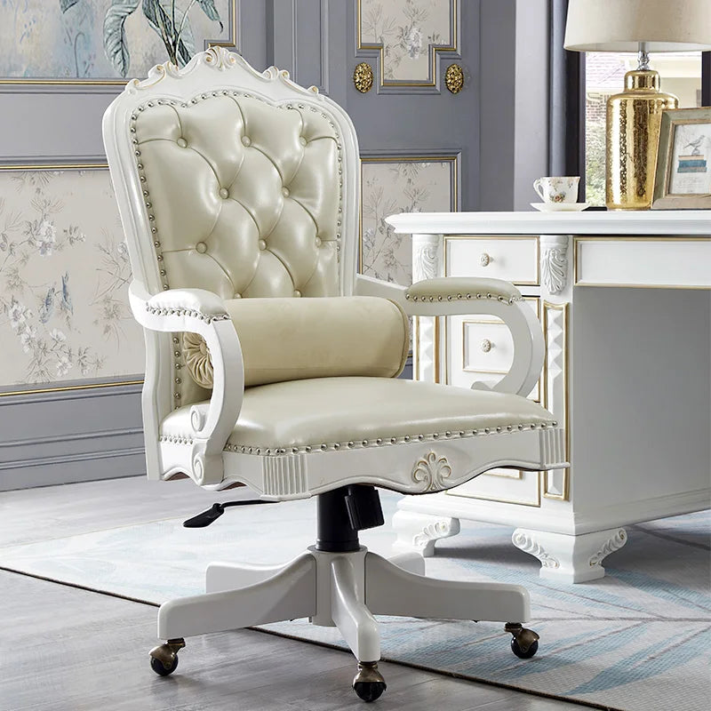 12American Genuine Leather Retro Carved Solid Wood Swivel Chair Office Chair Lift