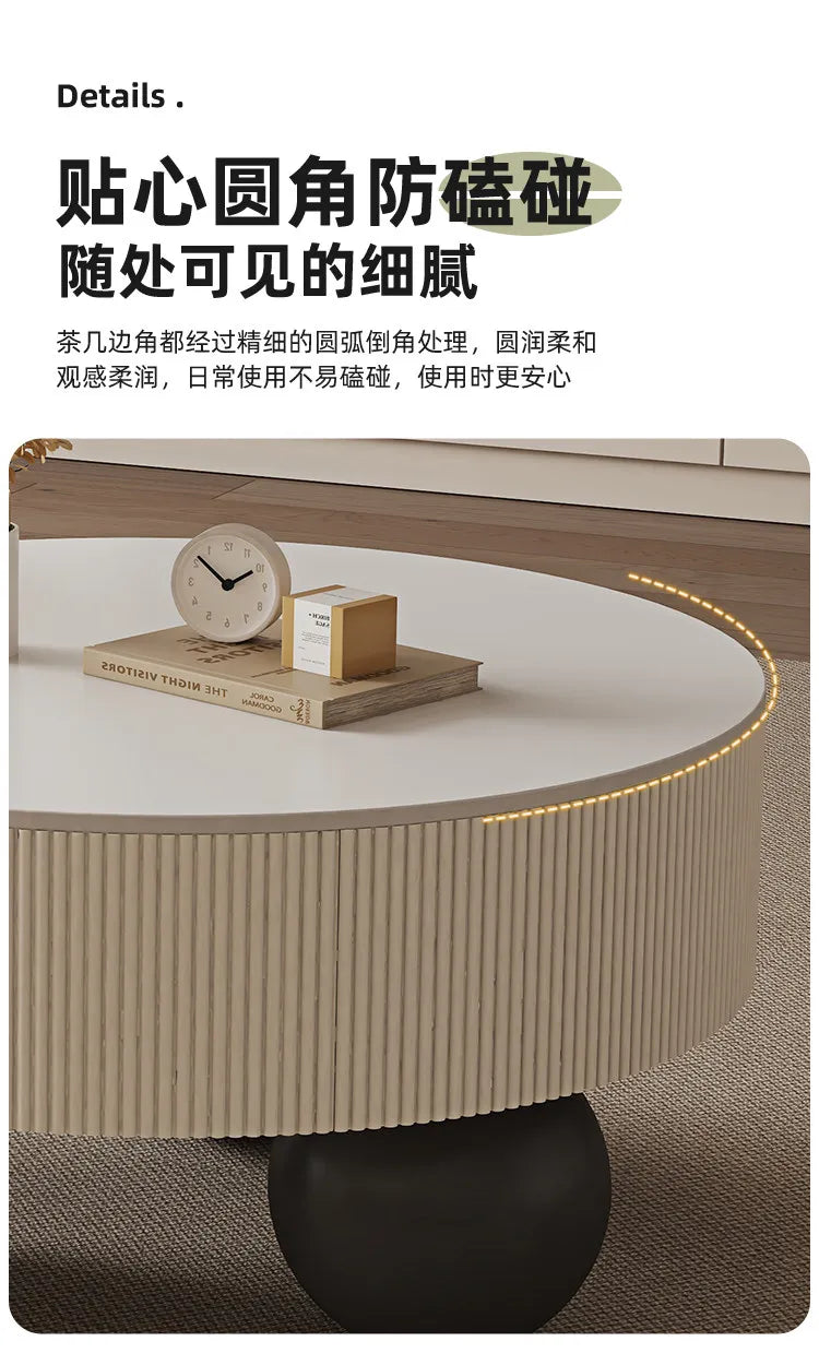 Minimalist Round Coffee Table With Storage Drawers — Ivory White | KIMLUD