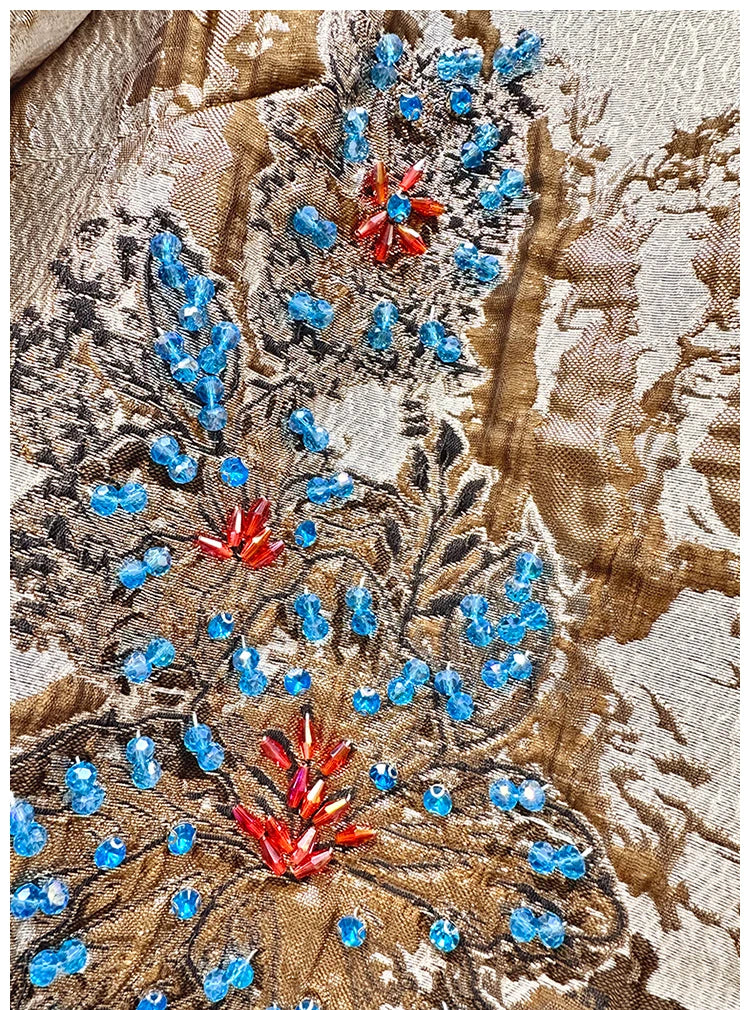 Luxury Jacquard Coat for Women Autumn Winter Vintage Gold Embroidery Beaded 3/4 Sleeve Loose Outerwear Elegant Retro Jacket