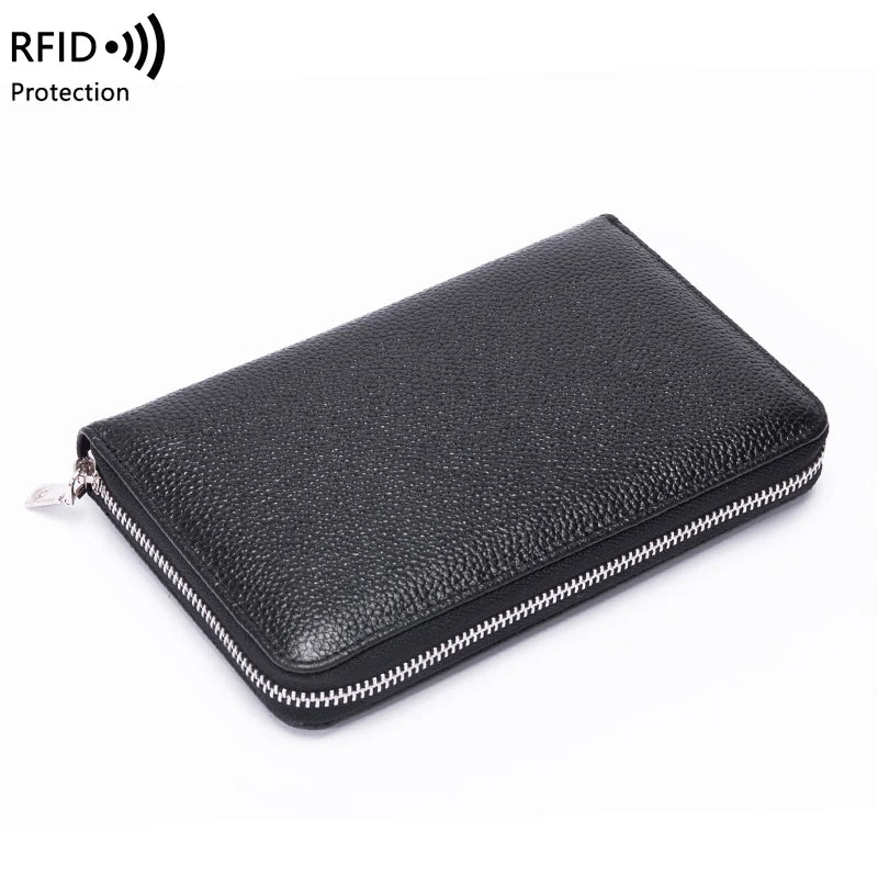 RFID Anti-Theft Cowhide Leather Wallet — Long Passbook Card Slots Black | KIMLUD