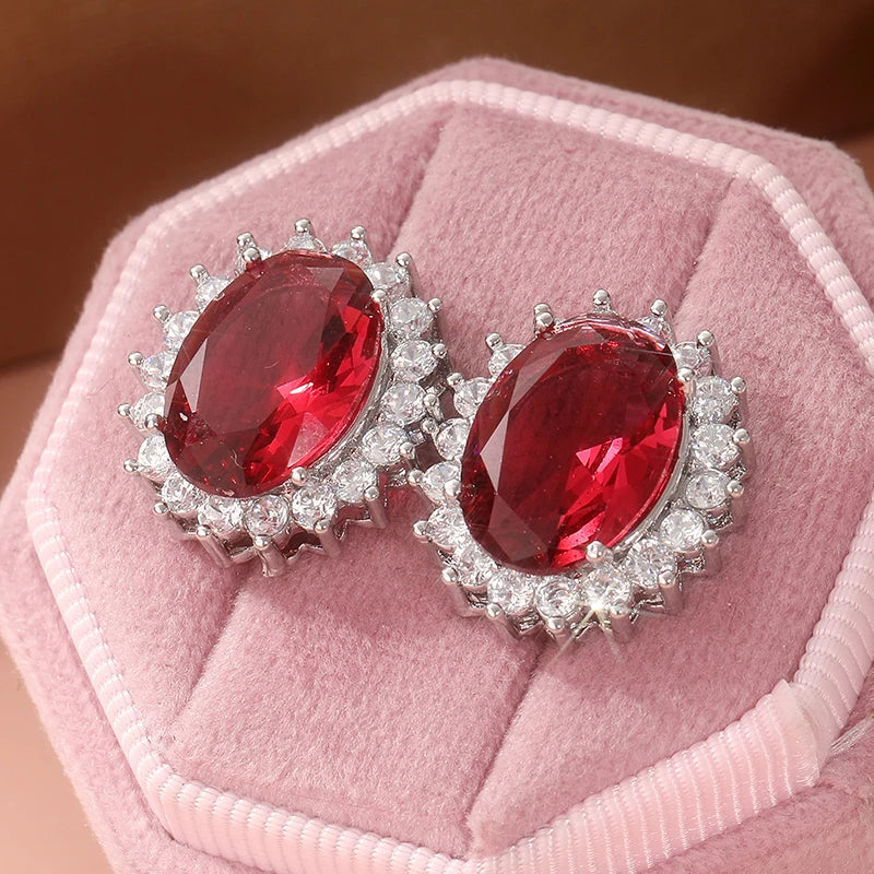 Stud Earrings – Red White Oval CZ Inlay – Copper Alloy – Silver | KIMLUD