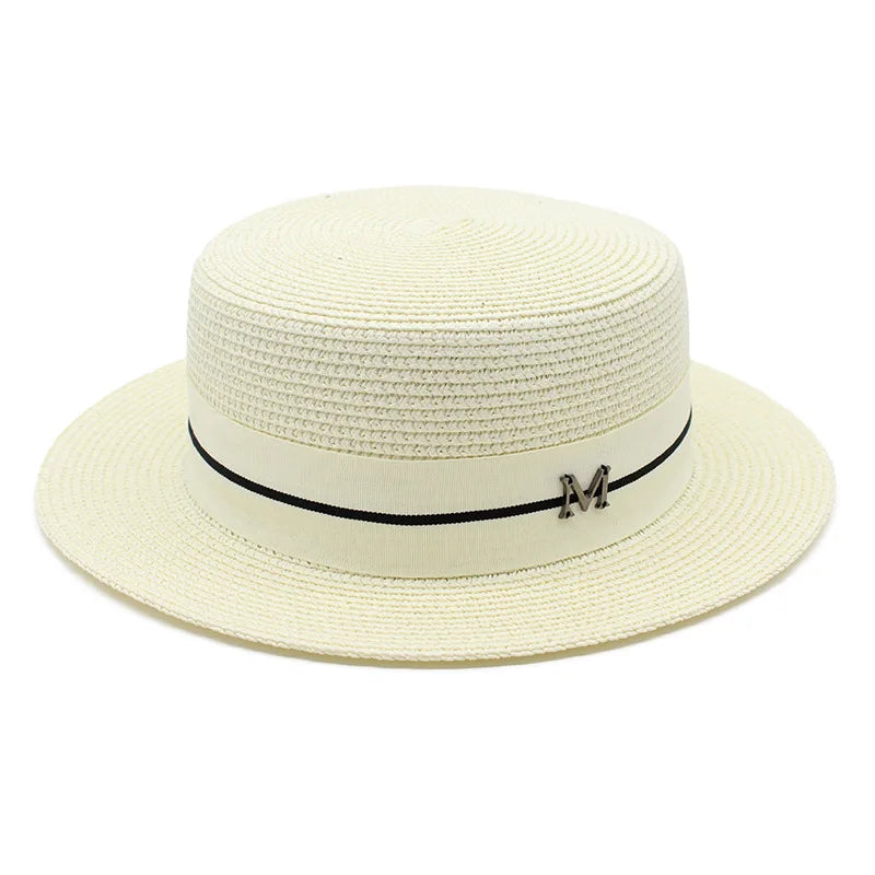 KIMLUD, 2022 New Summer Women's Boater Beach Hat Wide brim Female   Panama Hat Lady Classic Flat Bowknot Straw Sun Hat Women Fedora Hats, Milky white, KIMLUD Womens Clothes