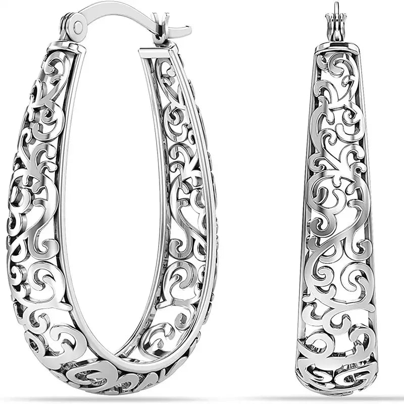 Retro Hollow Carved Scroll Filigree Teardrop Shape Hoop Earrings Oval Loop Earrings for Women Bohemian Party Statement Jewelry