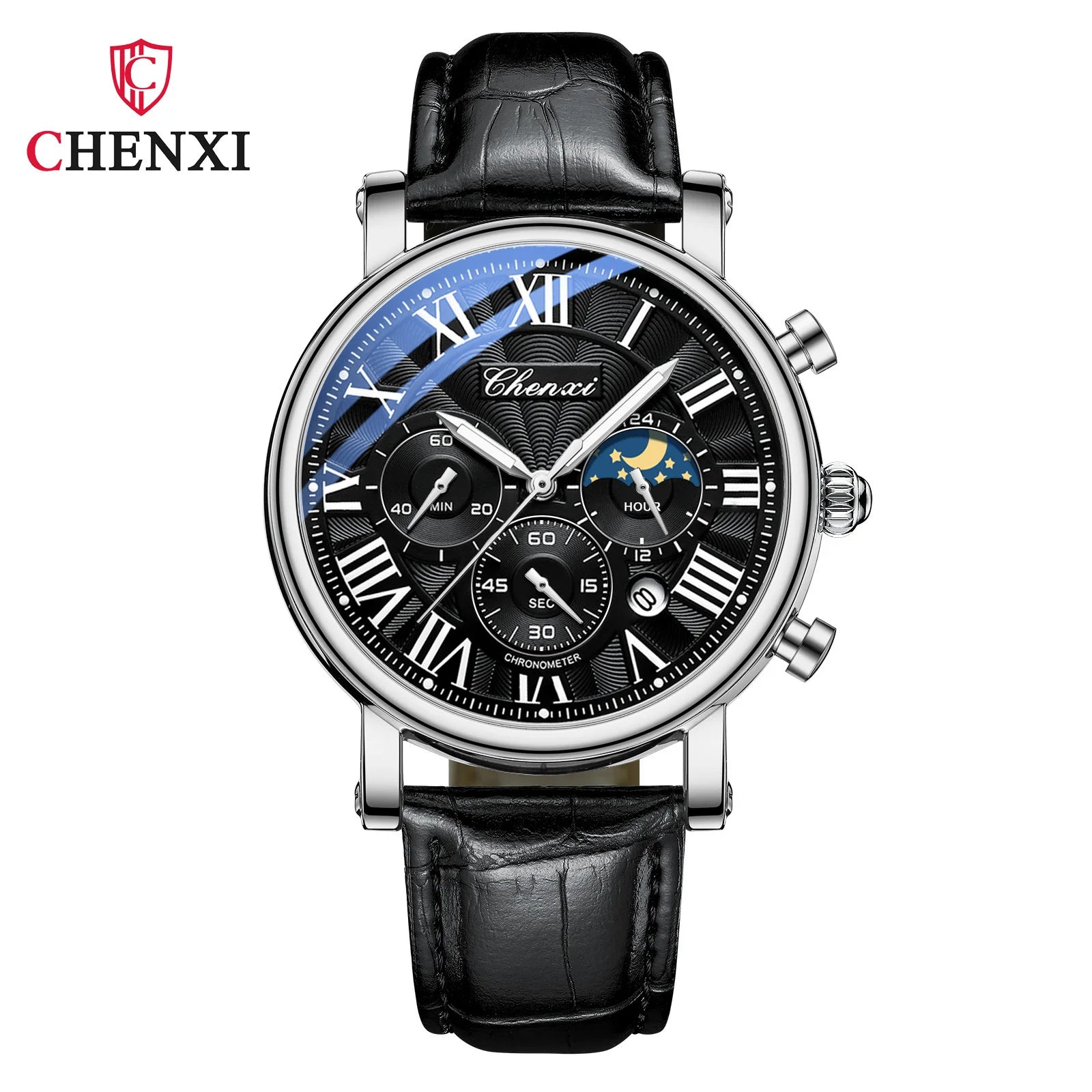 Leather Multi-Function MoonPhase Wristwatch — Black | KIMLUD