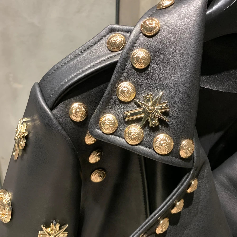 Genuine Sheepskin Leather Jacket Rivet — Black | KIMLUD