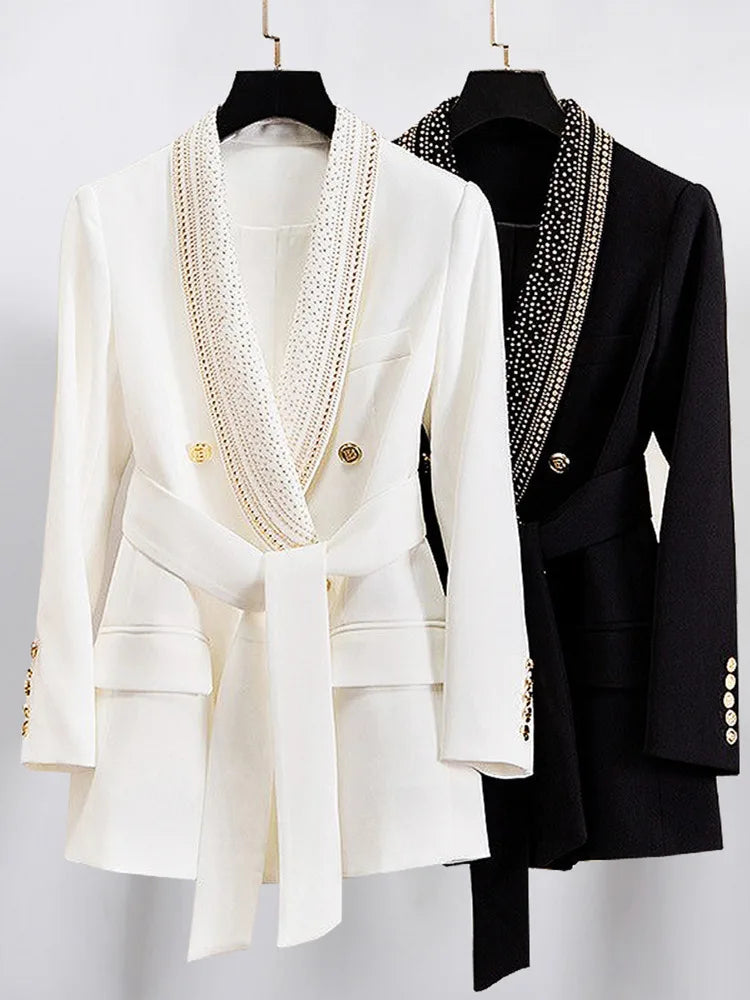 ZOCI Fashion Women's BlazerFashion New Hot Metal Belt Green Fruit Collar Medium Long Quality Women's Suit Jacket 2025 Spring New