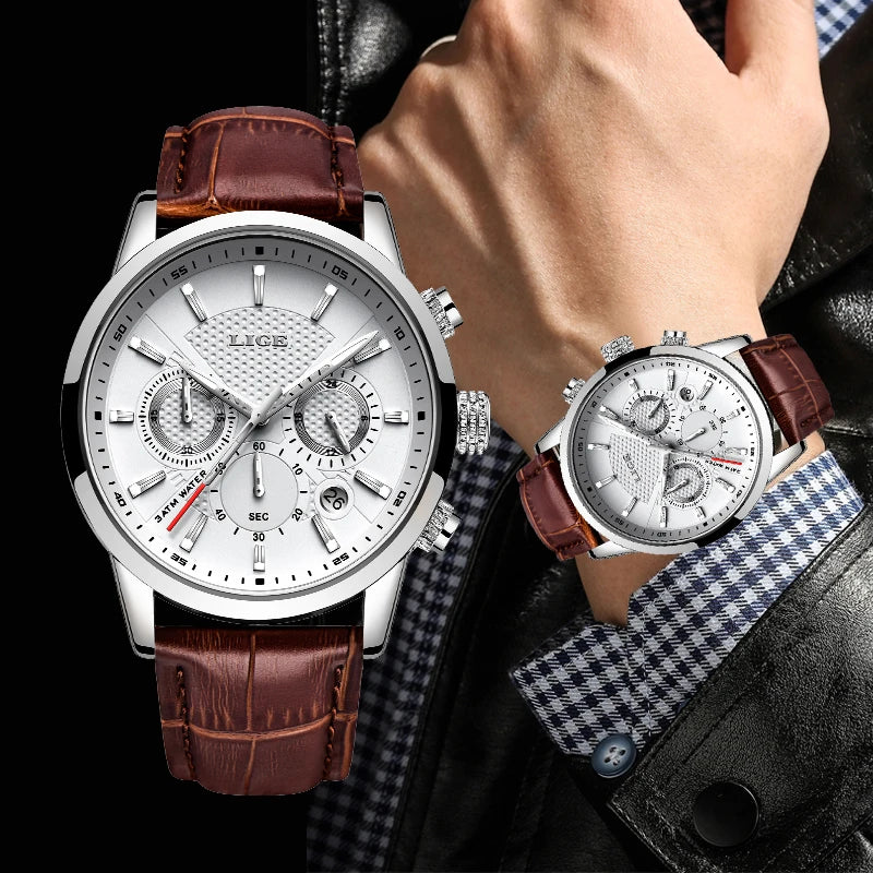2024 LIGE Top Luxury Mens Watch Casual Business Quartz Watches Men Fashion Leather Wristwatch Waterproof Male Clock Reloj Hombre