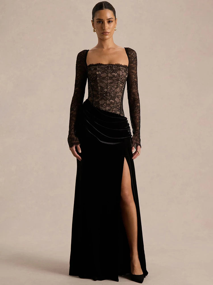 Lace Velvet Maxi Dress Square-Neck See-Through Backless — Black | KIMLUD