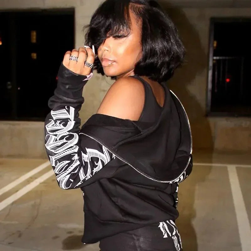 Zip Up Hoodie – Letter Printed – Hooded Silhouette | KIMLUD