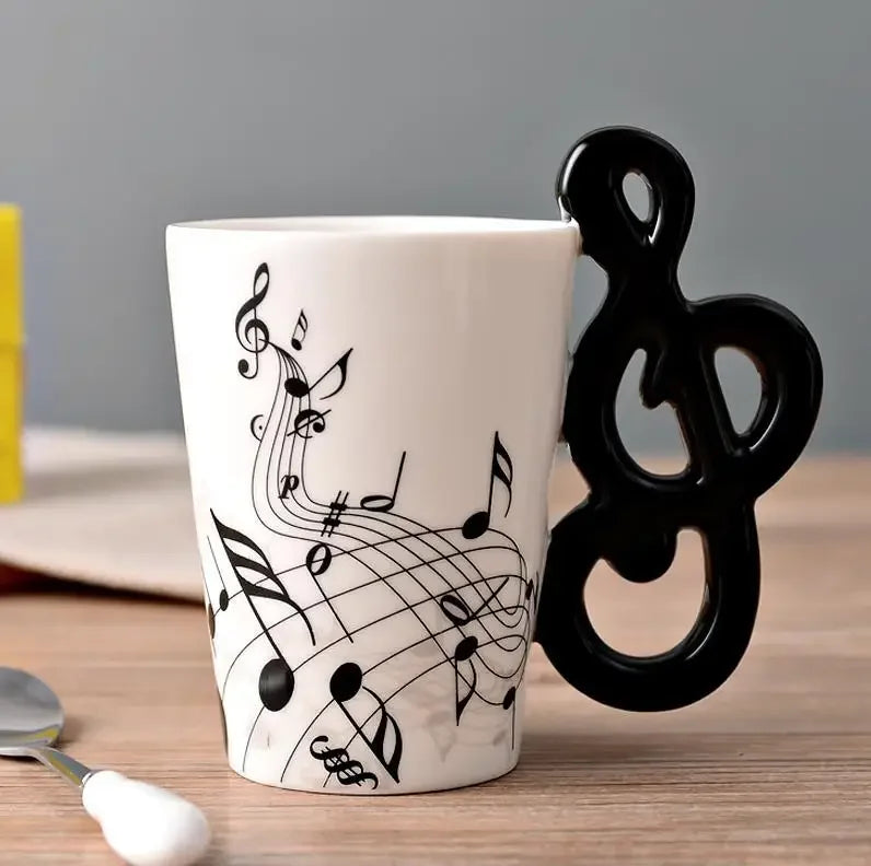 Bone China Mug With Music Note Motif And Delicate Guitar Handle — White | KIMLUD