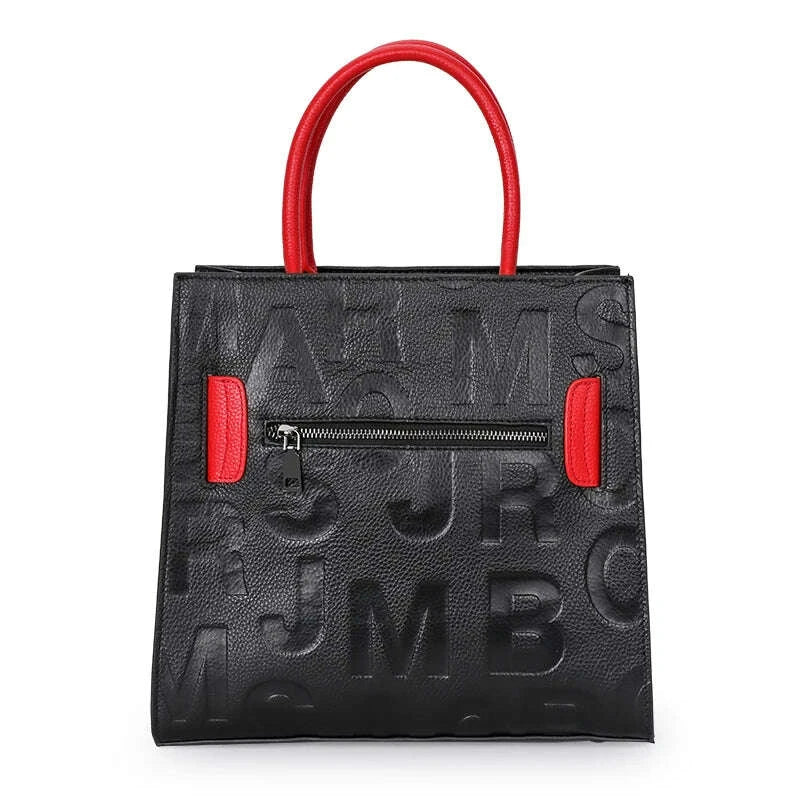 KIMLUD, Aidrani  Fashionable women's large capacity handbag with letter print design, made of cowhide material, square, black, KIMLUD Womens Clothes