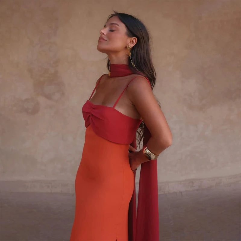 Color Blocking Sling Dress Scarf Collar — Orange Burgundy | KIMLUD
