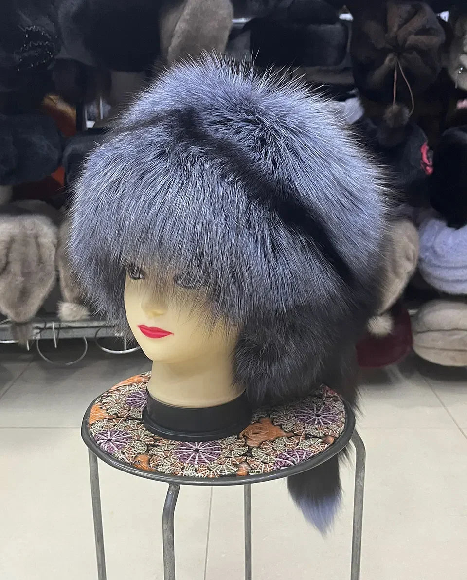 Winter Fur Women Hat with Tail Real Fox Fur Hat Luxury Raccoon Fur Beanies Warm Ear Protect Unisex Bomber Hat Wholesale Bonnets
