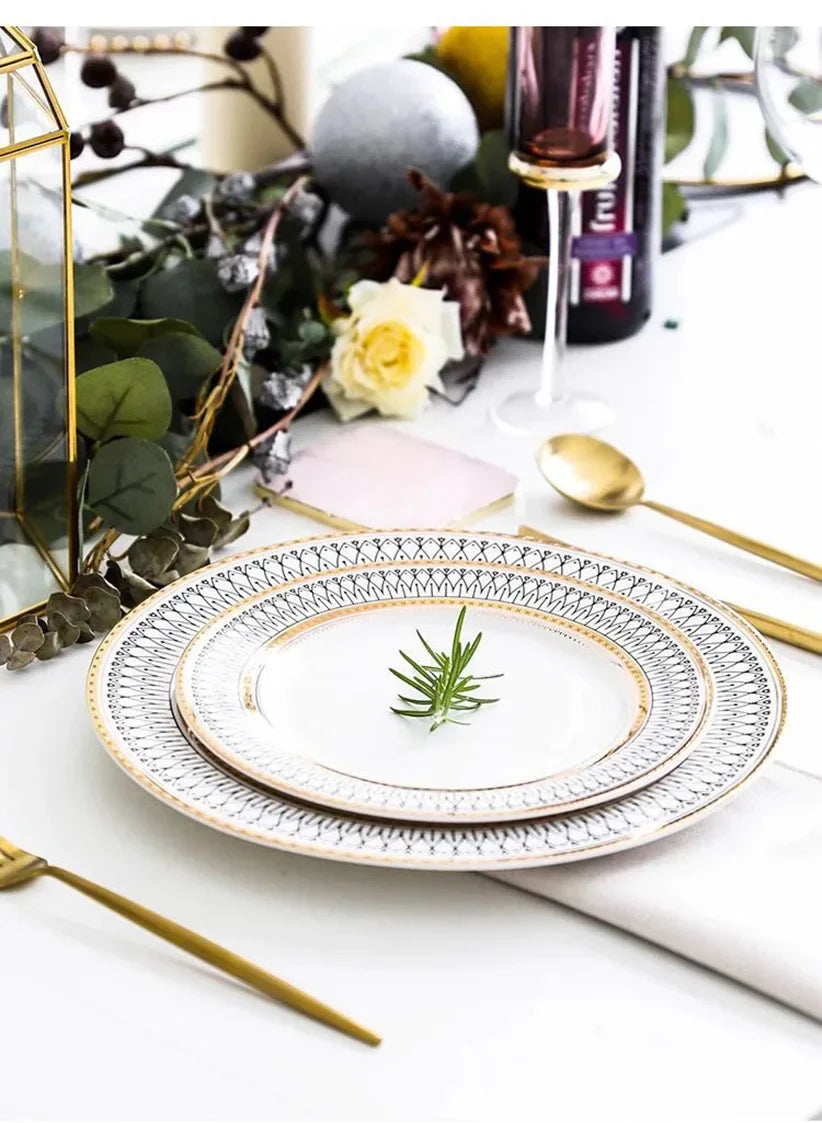 Ceramic European Style Dessert Plate With Gold Rim And Subtle Depth — White | KIMLUD