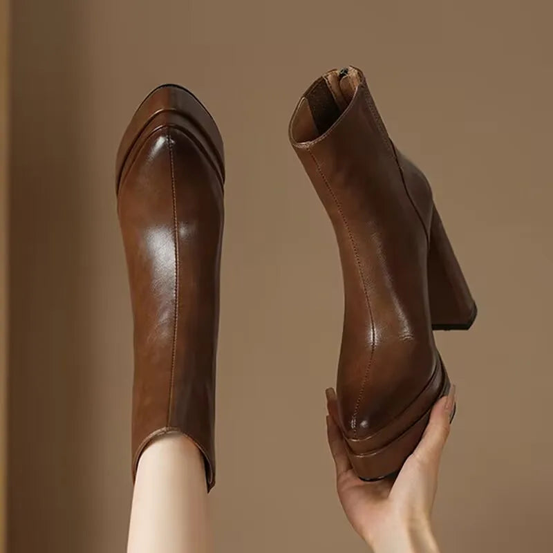 Soft Leather Chunky Heel Skinny Boots 2025 New Autumn Super High Heel Platform Women's Booties