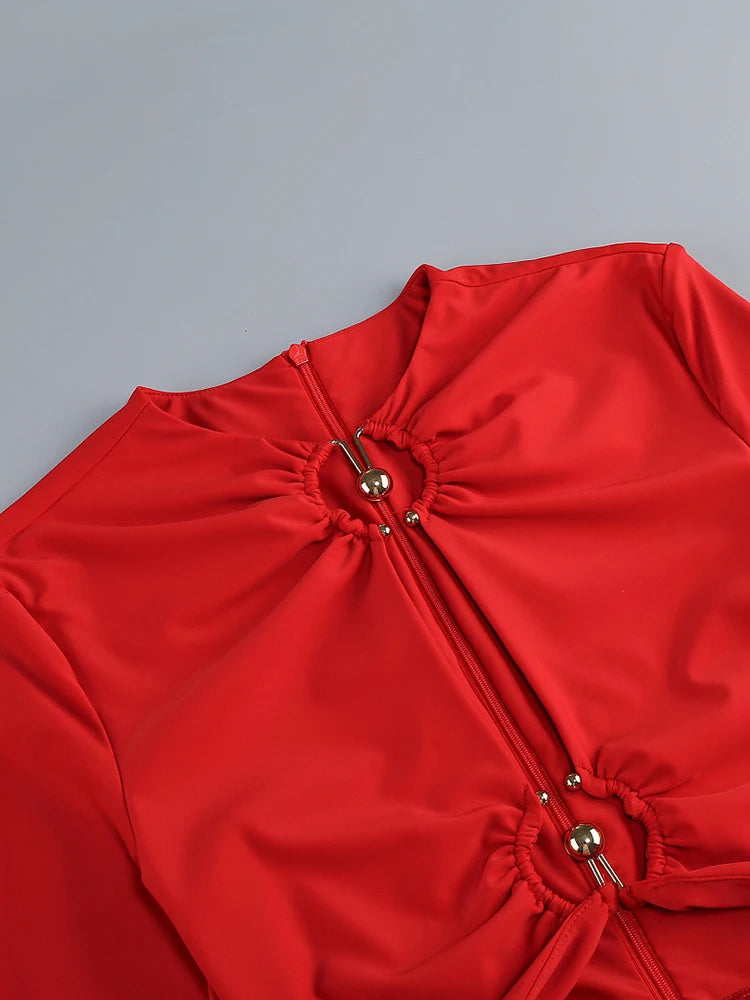 Mini Dress – Ruched Bodycon Silhouette – Red Polyester | KIMLUD