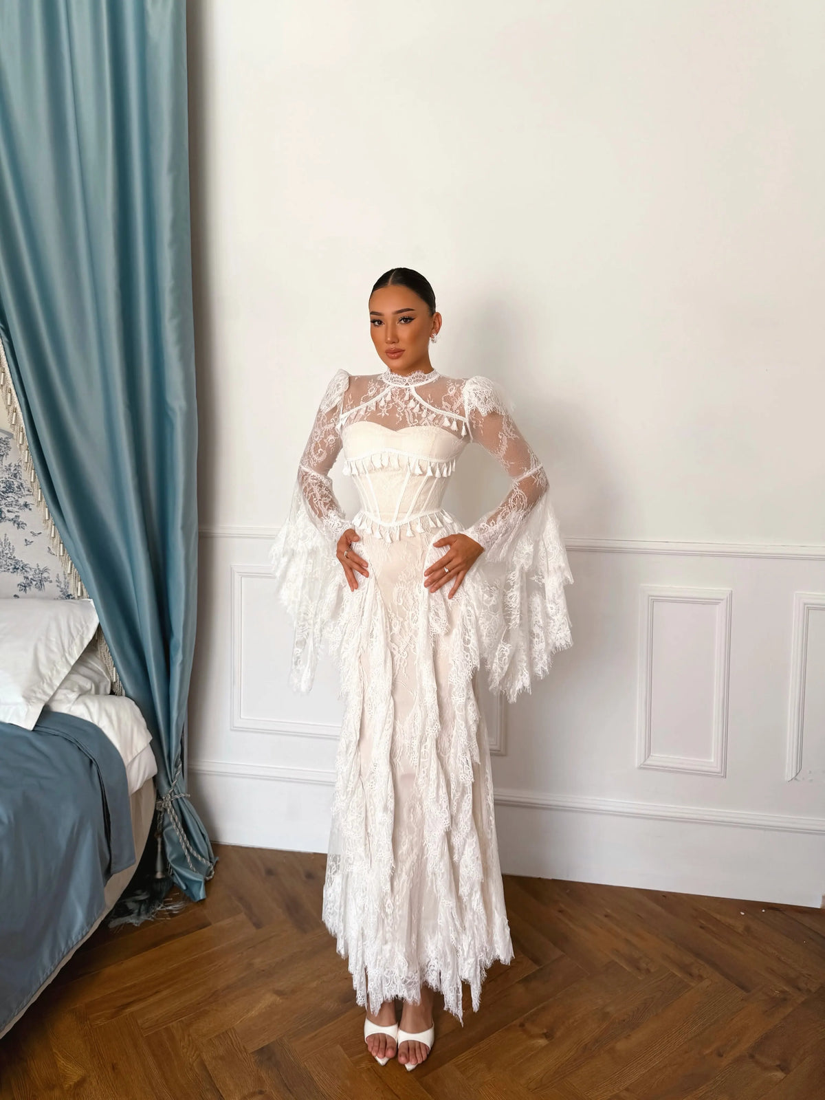 Maxi Dress – High Neck Lace Long Sleeve – Lace – White | KIMLUD