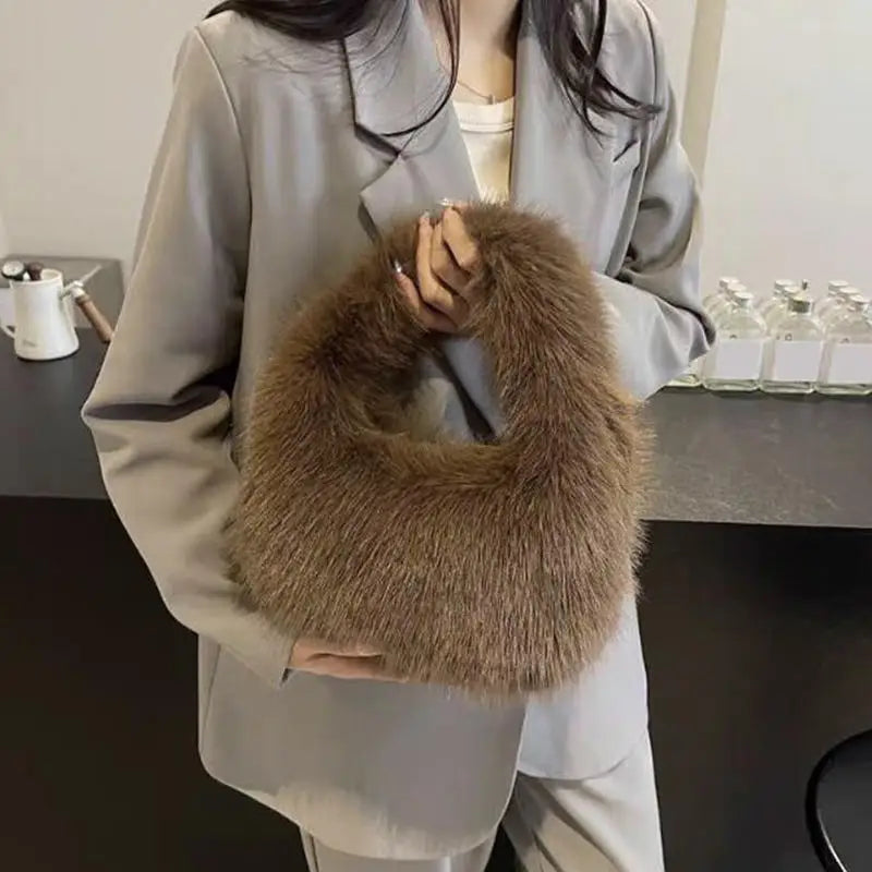Winter Soft Plush Half Moon Bag Faux Fur Party Clutch Bag Lady Handbags Fluffy Female Winter Purse Casual Tote Bag 1-5PCS