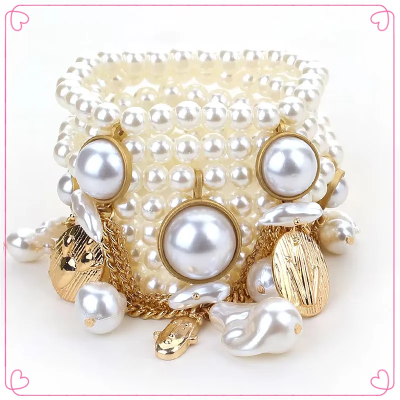 Handmade Bead Imitation Pearl Tassel Bracelet Multi-Layered — Gold | KIMLUD