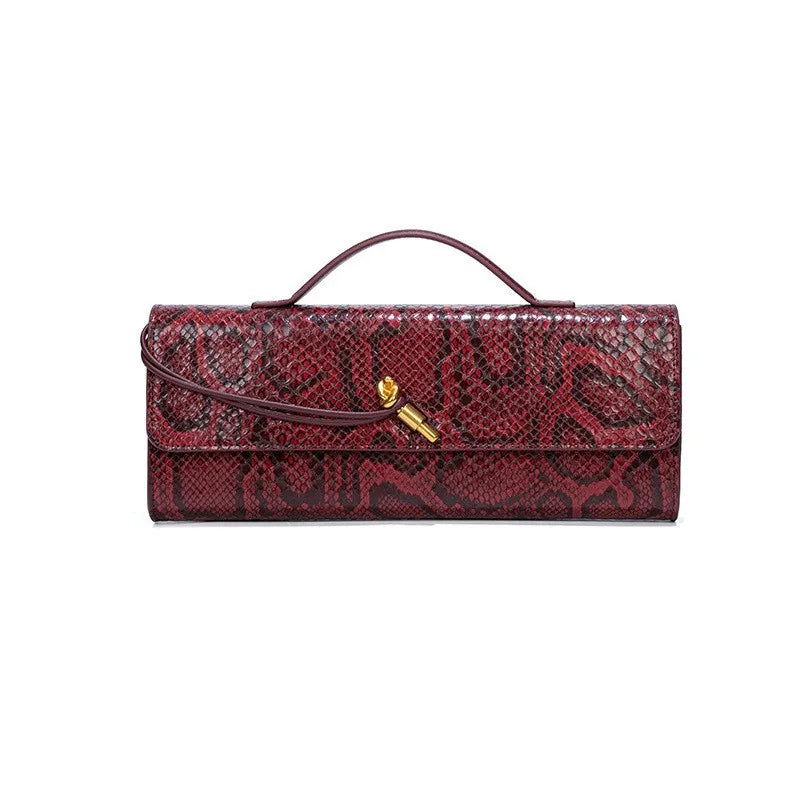 Snakeskin Embossed PU Leather Crossbody Bag Top Handle Evening Clutch — Black | KIMLUD