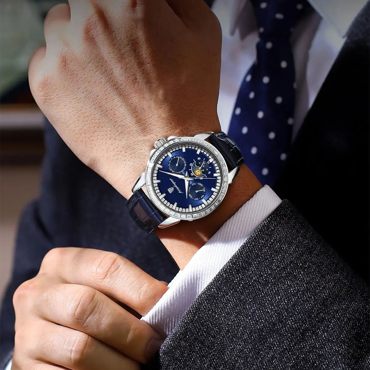 POEDAGAR Luxury Diamond Wristwatch For Men Date Week Waterproof Luminous Man Watch Fashion Business Leather Men's Quartz Watches
