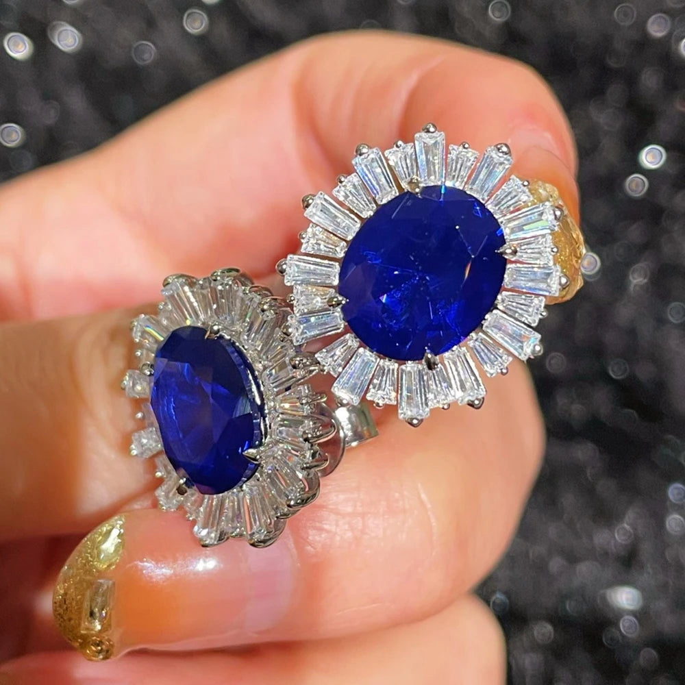 Sterling Silver Stud Earrings Oval Cut Sapphire Diamond — Blue | KIMLUD